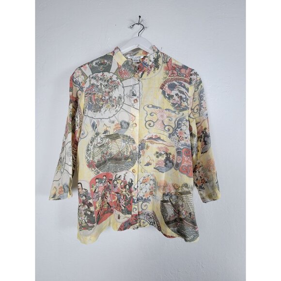 Citron Santa Monica Womens Linen Asian Print Button-Up Shirt Large 3/4 Sleeve - Picture 1 of 7